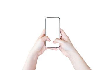Hand holding smartphone isolated on white background with clipping path.