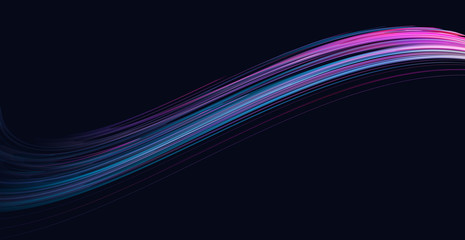 Abstract background with fluid wave, graphic stream ray composition, bright neon lights in dark space backdrop