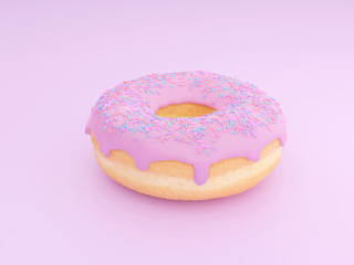 Pink frosted donut with colorful sprinkles with bite missing.