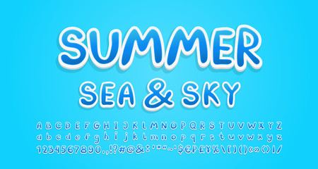 Summer Alphabet navy blue and white colors, 3d sticker style. Uppercase and lowercase letters, numbers, symbols and marks. Vector illustration