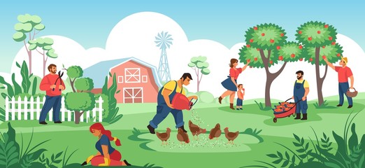 Obraz na płótnie Canvas People in garden. Cartoon farmers and gardeners working together, plant crops and flowers, work in soil. Vector illustration agriculture workers growing organic food, woman and kid near tree