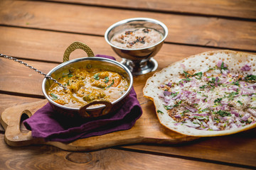 Traditional indian cuisine naan curry masala biryani rice kitchen towel panir