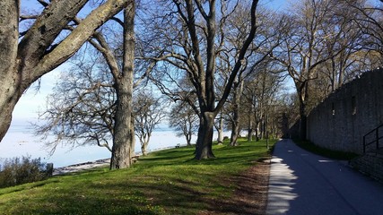 A glimpse of the exterior of the walls of the old town of Visby in Gotland in Sweden