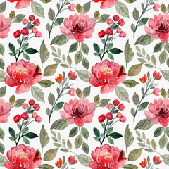 watercolor red flower seamless pattern with green leaves