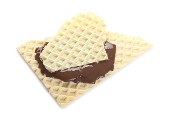 Cream chocolate, topping on wafer, waffle isolated on white background