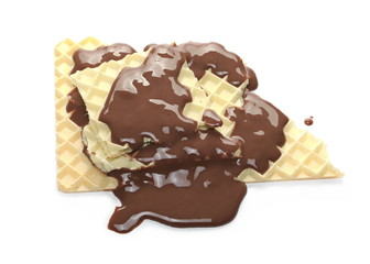Cream chocolate, topping on wafer, waffle isolated on white background