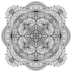 mandala with leaves and abstract ornaments drawn on a white background for coloring, vector for coloring, plants