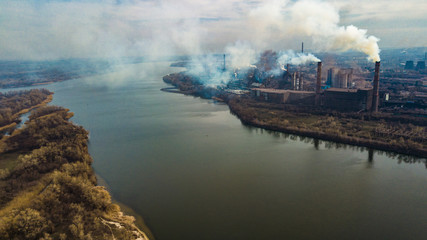 Naklejka na ściany i meble metallurgical production plant full cycle smoke from pipes bad ecology aerial photography