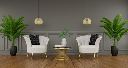 White armchairs with palm plants and stylish coffee table in gray living room, 3d rendering 