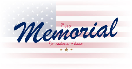 Happy Memorial Day. Greeting card on background with USA flag and lettering typography. National American holiday event. Flat vector illustration EPS10