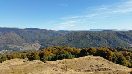 Fototapeta premium autumn mountains landscape on sunny day with colorfully forest meadow and trees