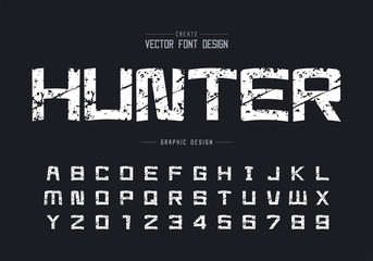 Vintage font and hunter alphabet vector, Texture square typeface letter and number design, Graphic cartoon text on background