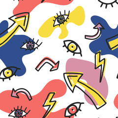 Seamless doodle summer pattern. Vector background with arrow, eye and different elements. Design for prints, shirts and posters.