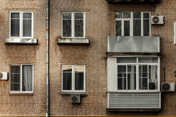Old Khrushchev Moscow. Historic houses in the center of Russia. Facade of a residential building. Sight.