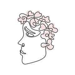 The continuous line is the girl in the profile. Face in a minimalist style with pink flowers and spots.
