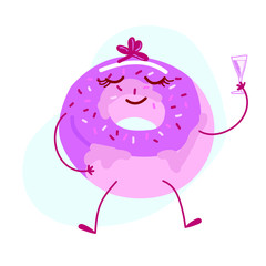 Сheerful donut lies sunbathing with a cocktail on a white isolated background. Donut flat, cartoon for decoration of invitations, cards, menus, banners