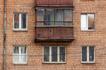 Old Khrushchev Moscow. Historic houses in the center of Russia. Facade of a residential building. Sight.