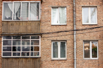 Fototapeta na wymiar Old Khrushchev Moscow. Historic houses in the center of Russia. Facade of a residential building. Sight.