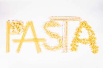 The word 'pasta' spelled with letters made of different types of pasta on a white background