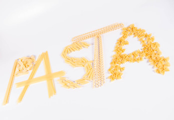 The word 'pasta' spelled with letters made of different types of pasta on a white background