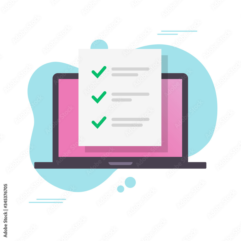 Poster online form with to do checklist document on computer or laptop with checkmarks list doc vector flat
