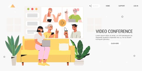Video conference call landing page or banner. Woman talk with taking with colleague or team members on screen. Videoconferencing, online meeting workspace or platform and freelance vector concept.