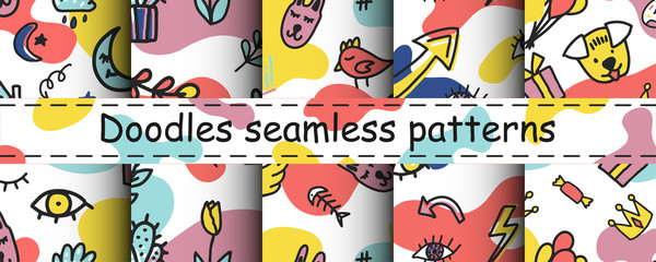 Seamless doodle summer pattern big set. Vector background with different elements in different designs on a white background. Design for prints, shirts and posters.