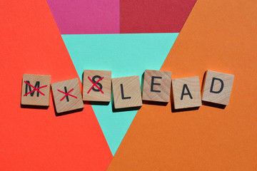 Mislead, word with the prefix mis crossed out to leave Lead © Josie Elias