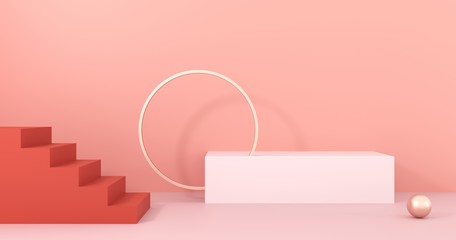 Interior studio with geometric objects. Architectural background for advertising products, presentations.Staircase with steps -podium,stand for shoes on background of vintage bright room - 3D,render.
