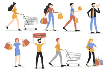 Big set people, shop card, woman and men buy products, packages, sale banner, black friday card, flat people character