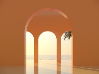 Abstract architectural design on the backdrop of the ocean with sunset and sunrise on the beach - 3d render. Bright arches in the wall overlooking the sea and tropical palm trees - card for travel.