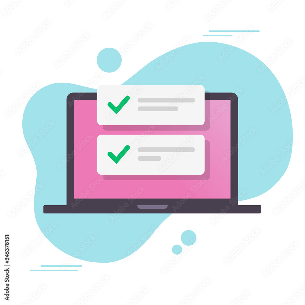 Poster laptop computer with checkmark or tick completed notifications vector flat cartoon icon, idea of don