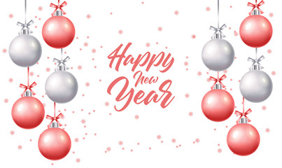 Happy new year, merry christmas, hello winter, realistic christmas ball, shop now, sale banner, pink and silver ball isolated vector illustration