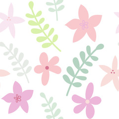Flat drawn floral seamless color pattern in pastel colors. Cute flowers and branches isolated on white background. For the design of wrapping paper, textiles, Wallpaper, bed linen, stationery
