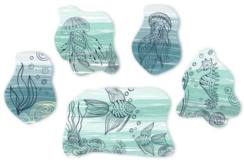 Marine composition of sea horse, jellyfish, fish, sea weed, stones, seashell on abstract pale blue, mint background for poster, banner, flyer, tag. Vector nautical illustration set for summer sticker