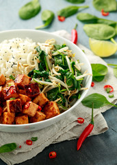 Fried tofu in sweet chilli glaze served with rice, steamed spinach and beansprouts in white bowl. Vegetable healthy food