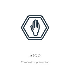 Obraz premium Stop icon. Thin linear stop outline icon isolated on white background from Coronavirus Prevention collection. Modern line vector sign, symbol, stroke for web and mobile