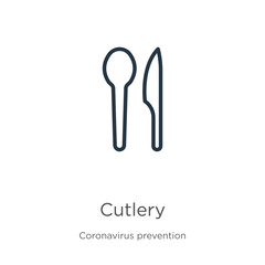Cutlery icon. Thin linear cutlery outline icon isolated on white background from Coronavirus Prevention collection. Modern line vector sign, symbol, stroke for web and mobile