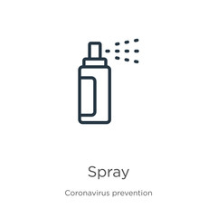 Spray icon. Thin linear spray outline icon isolated on white background from Coronavirus Prevention collection. Modern line vector sign, symbol, stroke for web and mobile