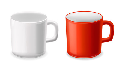 Realistic cup, white and red cups set isolated, vector illustration