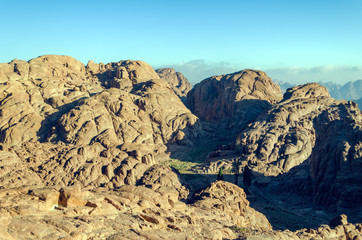 Mountain landscape at sunrise, view from Mount Moses, Sinai Peninsula, Egypt