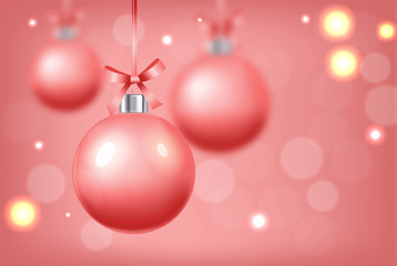 Fototapeta premium Happy new year, merry christmas, hello winter, realistic christmas ball, shop now, sale banner, pink ball isolated vector illustration