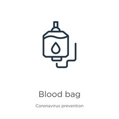 Obraz premium Blood bag icon. Thin linear blood bag outline icon isolated on white background from Coronavirus Prevention collection. Modern line vector sign, symbol, stroke for web and mobile