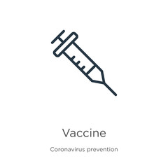 Vaccine icon. Thin linear vaccine outline icon isolated on white background from Coronavirus Prevention collection. Modern line vector sign, symbol, stroke for web and mobile