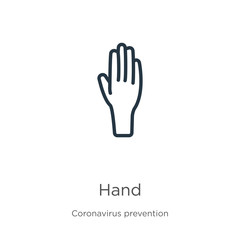 Hand icon. Thin linear hand outline icon isolated on white background from Coronavirus Prevention collection. Modern line vector sign, symbol, stroke for web and mobile