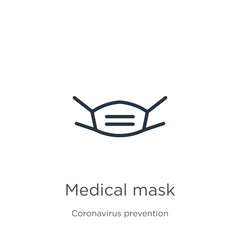 Medical mask icon. Thin linear medical mask outline icon isolated on white background from Coronavirus Prevention collection. Modern line vector sign, symbol, stroke for web and mobile