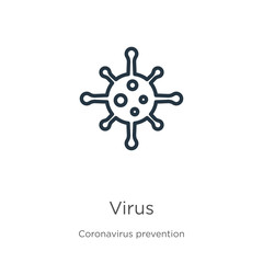 Obraz premium Virus icon. Thin linear virus outline icon isolated on white background from Coronavirus Prevention collection. Modern line vector sign, symbol, stroke for web and mobile