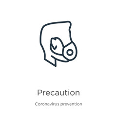 Precaution icon. Thin linear precaution outline icon isolated on white background from Coronavirus Prevention collection. Modern line vector sign, symbol, stroke for web and mobile