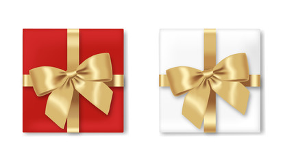 Christmas gift, realistic box and bow, isolated ribbon, happy holiday, merry christmas, gift set white background vector illustration