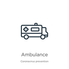Ambulance icon. Thin linear ambulance outline icon isolated on white background from Coronavirus Prevention collection. Modern line vector sign, symbol, stroke for web and mobile